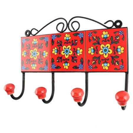 Red Ceramic Tile Hook in Yellow Tiny Flower