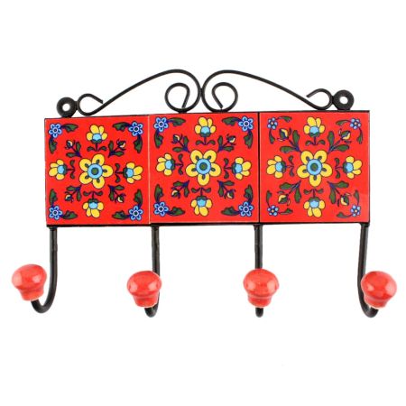 Red Ceramic Tile Hook in Yellow Tiny Flower