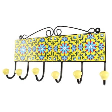 Turquoise Sunflower Ceramic Tile Hook With Yellow Base
