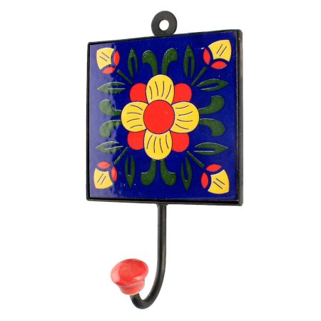Navy Blue Floral Ceramic Tile Hook