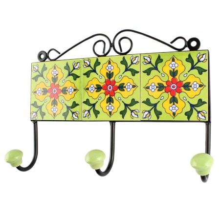 Ceramic Floral Tile Hook in Pea Green