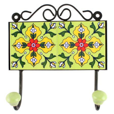 Pea Green With Yellow Flower Ceramic Tile Hook