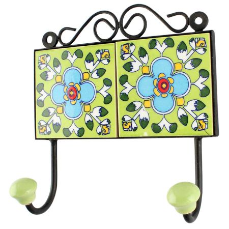 Ceramic Floral Tile hook in Pea Green 