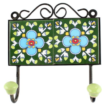 Ceramic Floral Tile Wall Hook in Forest Green