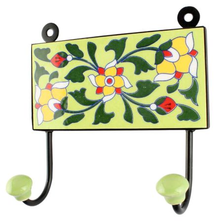 Ceramic Floral Tile Hook in Forest Green Leaf