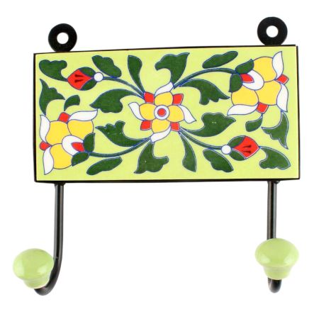 Ceramic Floral Tile Hook in Forest Green Leaf
