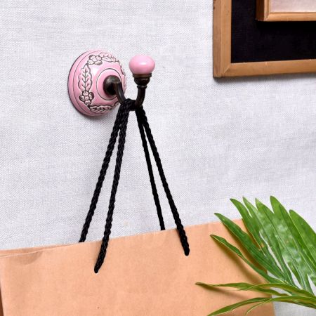 Pink Brown Leaf Etched Ceramic Wall Hook