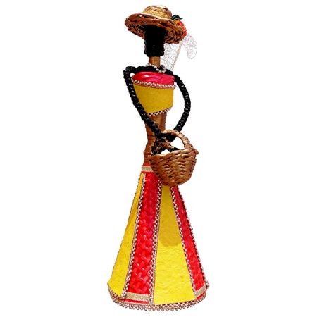 African Doll Showpiece In Red And Yellow With Holding Basket With Two Hands