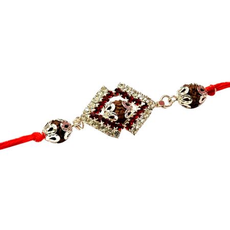 Auspicious Rudraksha Rakhi with Red-White Diamonds