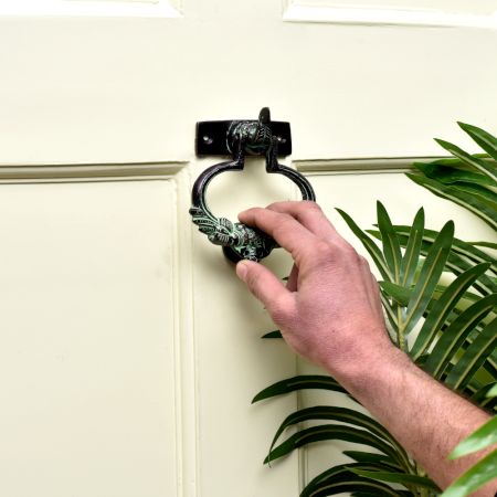 Brass Green Patina Elephant Trunk Up Peacock Door Knocker