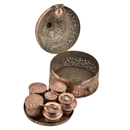 Indian Stupa Form Embossed Design Copper Paandaan Or Betal Nut Box With Lock Handle