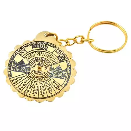 Brass Metal Perpetual Calendar Keychain With Taj Mahal