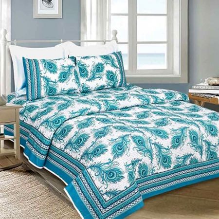 Blue Peacock Feather Cotton Bedsheet With Two Pillow Cover