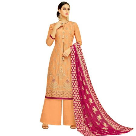 Pastel Orange Dress Material Upada Silk Kurta Santoon Bottom And Dark Pink Naznin Chiffon Dupatta