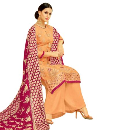 Pastel Orange Dress Material Upada Silk Kurta Santoon Bottom And Dark Pink Naznin Chiffon Dupatta
