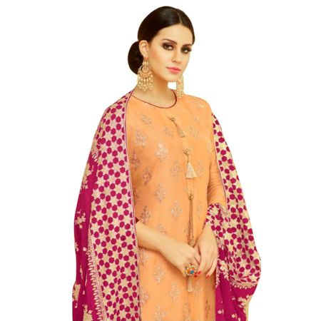 Pastel Orange Dress Material Upada Silk Kurta Santoon Bottom And Dark Pink Naznin Chiffon Dupatta