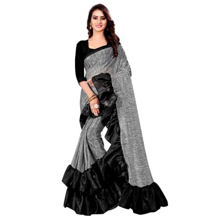 Women's Georgette Solid Ruffle Saree (Gray)