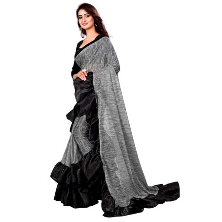 Women's Georgette Solid Ruffle Saree (Gray)