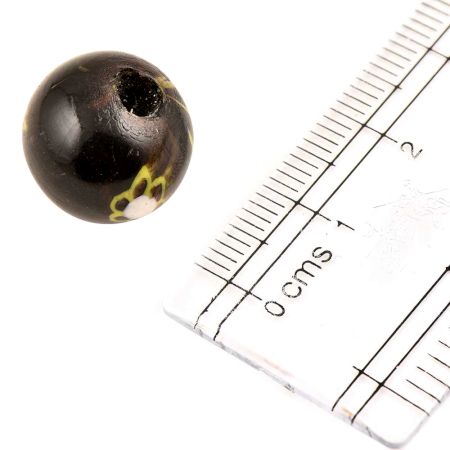 Hand Painted Floral Black Round Glass Beads (Pack Of 12)