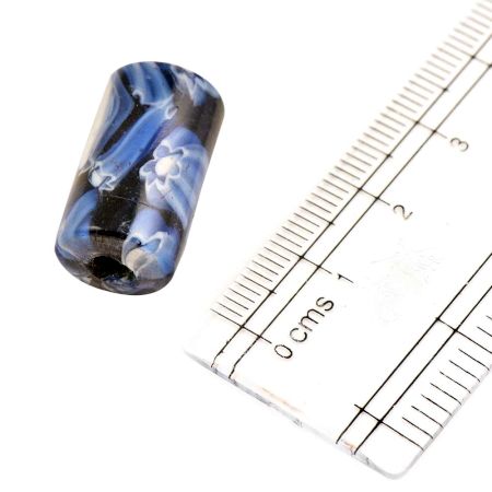 Black  Blue Floral Painted Cyliner Glass Beads For Jewelry (Pack Of 12)