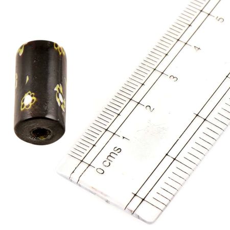 Black Floral Painted Cyliner Glass Beads For Jewelry (Pack Of 12)
