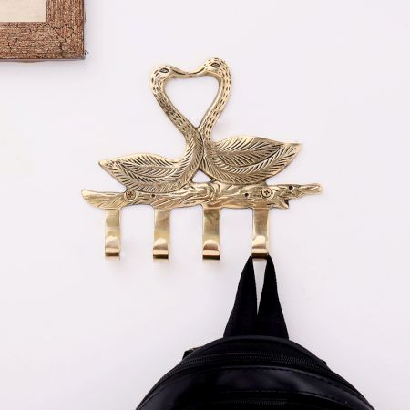 Handmade Two Brass Swan with 4 Hooks Crafted Key Holder