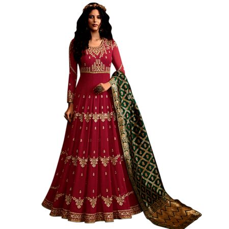 Red Embroidered Semi-Stitched Anarkali Suit