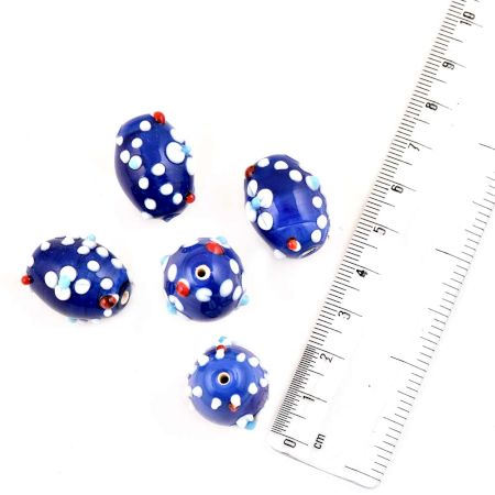 White Embossed Design Navy Blue Loose Oval Shaped Glass Beads (12 in Pack)
