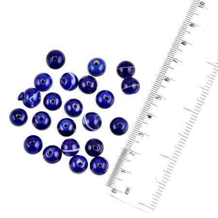 Blue Opaque Round Handpainted Design Loose Glass Jewelry Beads (12 in Pack)