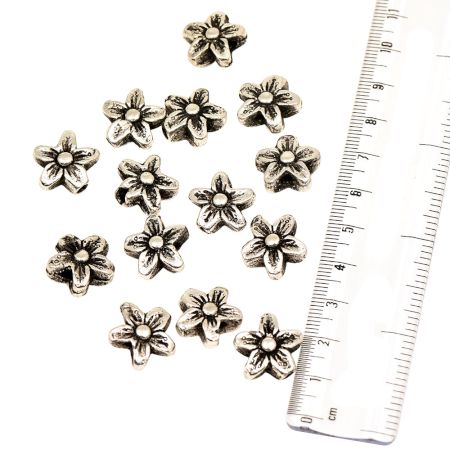 Handcrafted Silver Five Petals Flower Shaped Loose Aluminium Metal Jewelry Beads (12 in Pack)