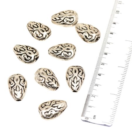 Silver Aluminum Loose Engraved Floral Leaf Design Egg Shaped Jewelry Beads (5 in Pack)