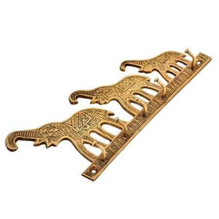 Golden Brass Tribal Elephant With Trunk Up Wall Hanging Brass Hooks