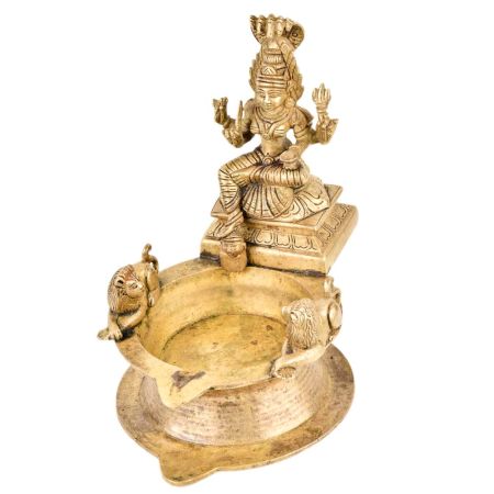 Brass Indian Oil Lamp with Goddess Mariamman Seated With Two Lions