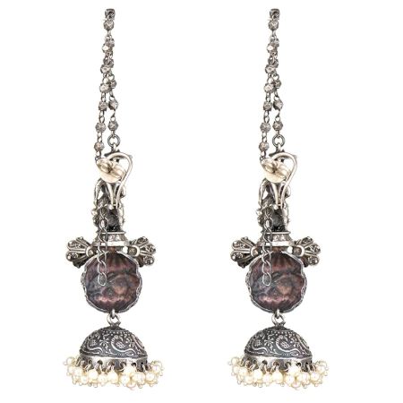 92.5 Sterling Silver Earrings Traditional Indian Oxidized Jhumkies  White Pearls Earrings