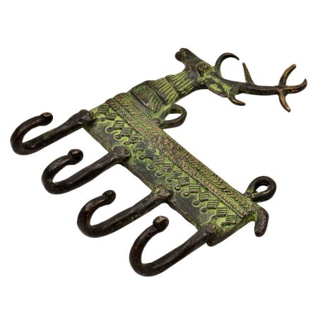 Brass 4 Hooks Deer with a Small Tail And Tribal Engraved Design