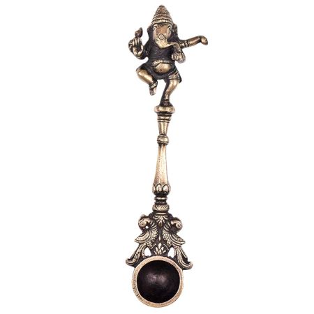 Brass Dancing Ganesha Havan Spoon With Peacocks