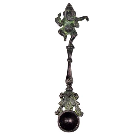 Brass Dancing Ganesha Havan Spoon With Peacocks With Green Finish