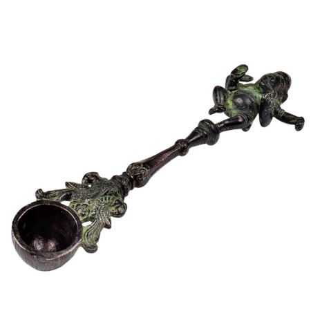 Brass Dancing Ganesha Havan Spoon With Peacocks With Green Finish
