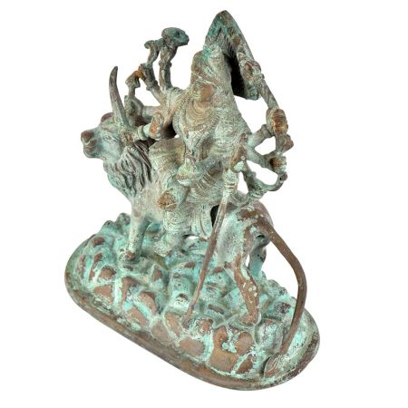 Brass Goddess Durga Statue Sitting On Tiger With Patina Finish