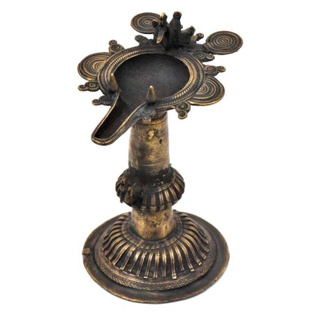 Brass Dhokra oil Lamp/ Samai With Engraved Design And Peacock Figurines
