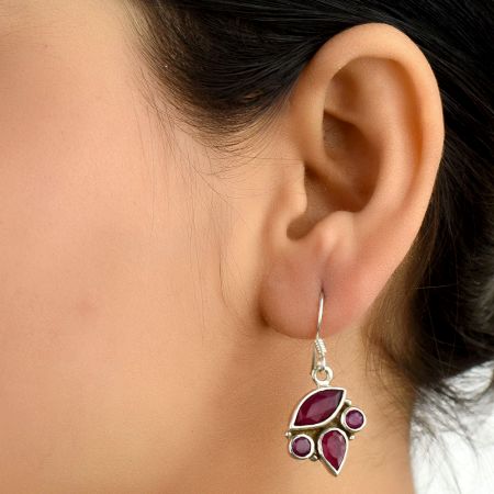 92.5 Sterling Silver Earrings Four Studded Pink Tourmaline Designer Earrings