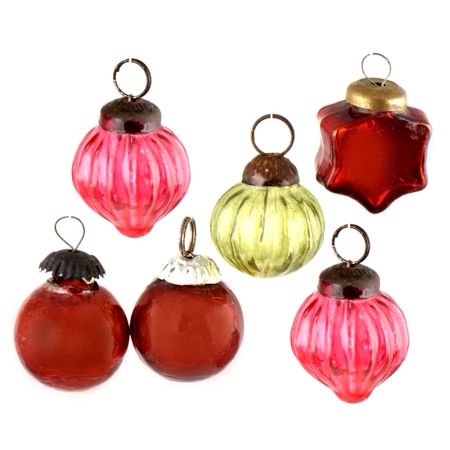 Set of 6 Handmade Red Pink And Olive Mini Christmas Ornaments In Assorted Styles