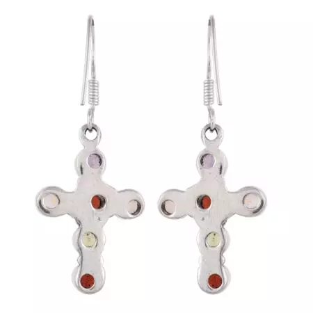 92.5 Sterling Silver Earrings Multi Stone Holy Cross Design Dangler Earrings