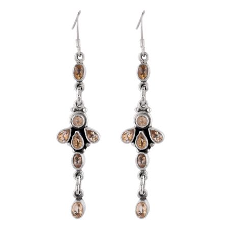92.5 Sterling Silver Earrings Citrine Floral Linear Design Danglers Earrings