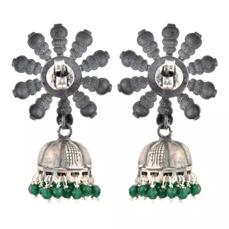 92.5 Sterling Silver Earrings Big Flower Jhumki Green Onyx tassel Hanging  Beads