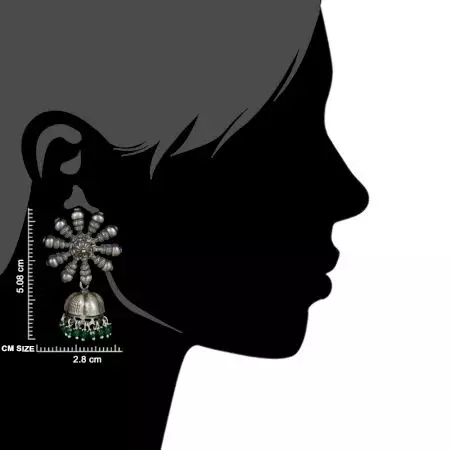 92.5 Sterling Silver Earrings Big Flower Jhumki Green Onyx tassel Hanging  Beads
