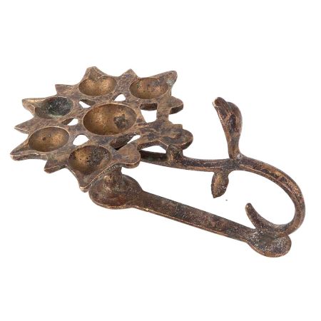 Brass Oil Lamp Six Wicks Indian Snake Head Worship Lamp