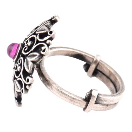 Oxidized 92.5 Sterling Silver Ring Round Amethyst and Heart Scroll Design (Free Size)