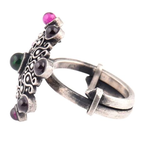 92.5 Sterling Silver Ring with Seven Amethyst Traditional Motifs And Green Onyx (Free Size)