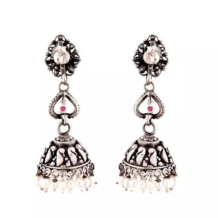 Wired Floral 92.5 Sterling silver Earrings With Pink Jade Motifs And Pearl Tassels Jhumkis